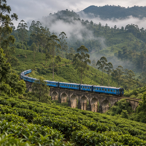 Train travelling through the green mountains near Ella